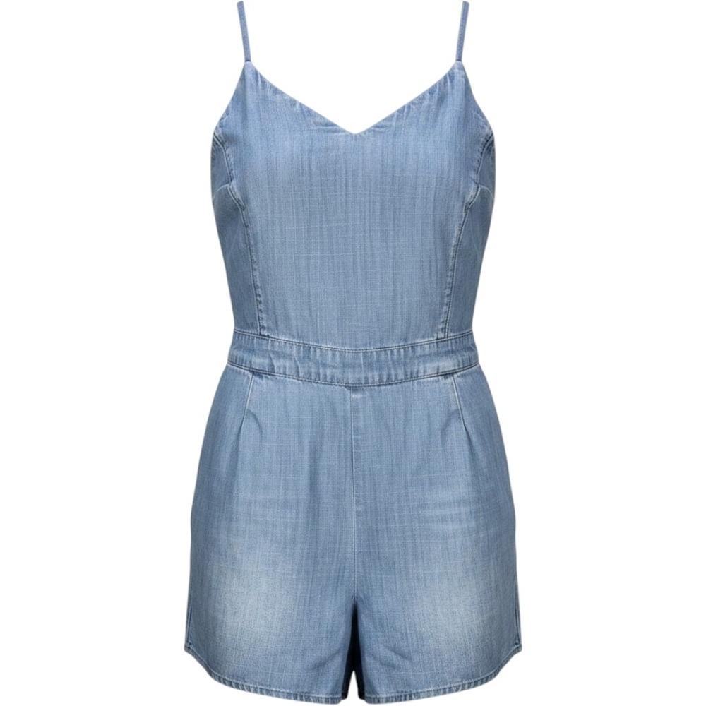 Women's Hollister Medium Blue Chambray Romper‎ Smocked Back Spaghetti Strap